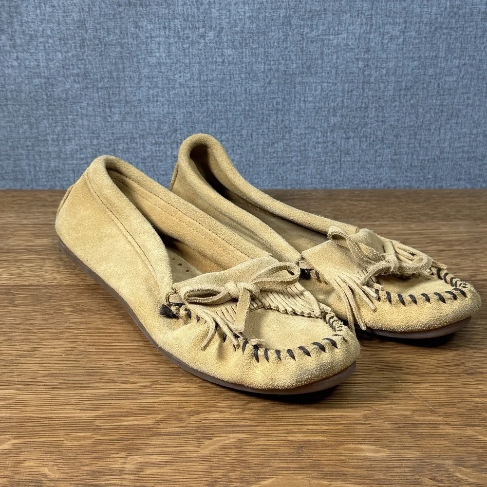 MINNETONKA Women's Side 7 Moccasins Leather Slip On Loafers Shoes 407 Tan